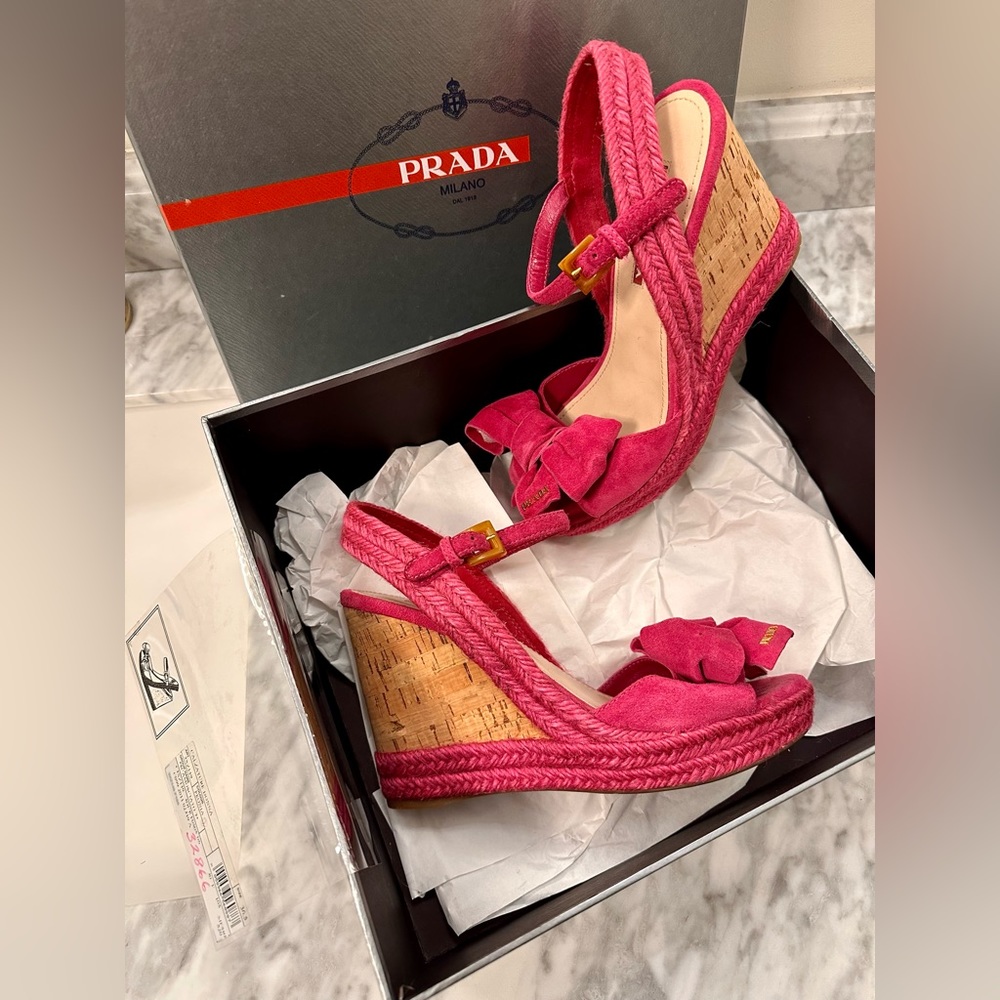 NIB Prada Y2K Pink Suede Bow Platform Espadrille Wedge Sandals - 36.5 Authentic
